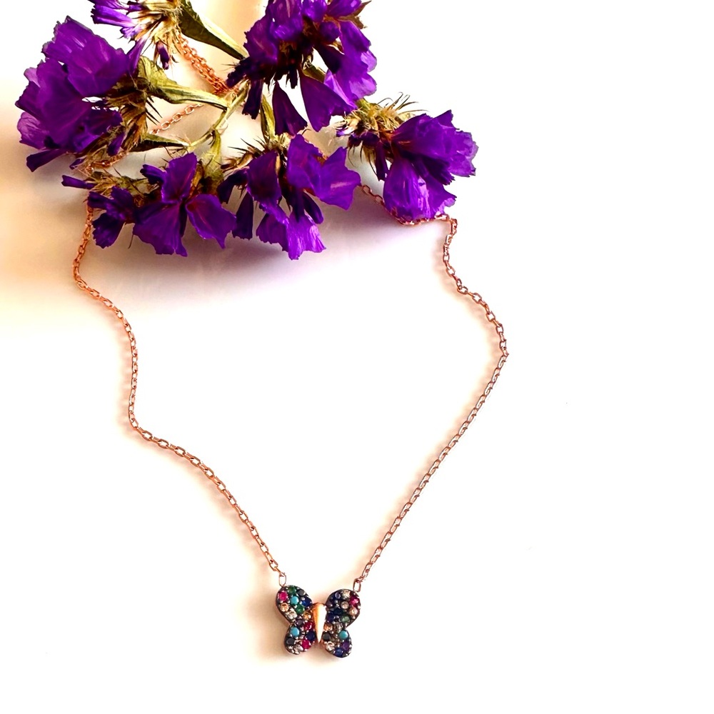 Dainty, Colorful Zircon Stone Butterfly Sterling Silver Necklace, Rose Gold